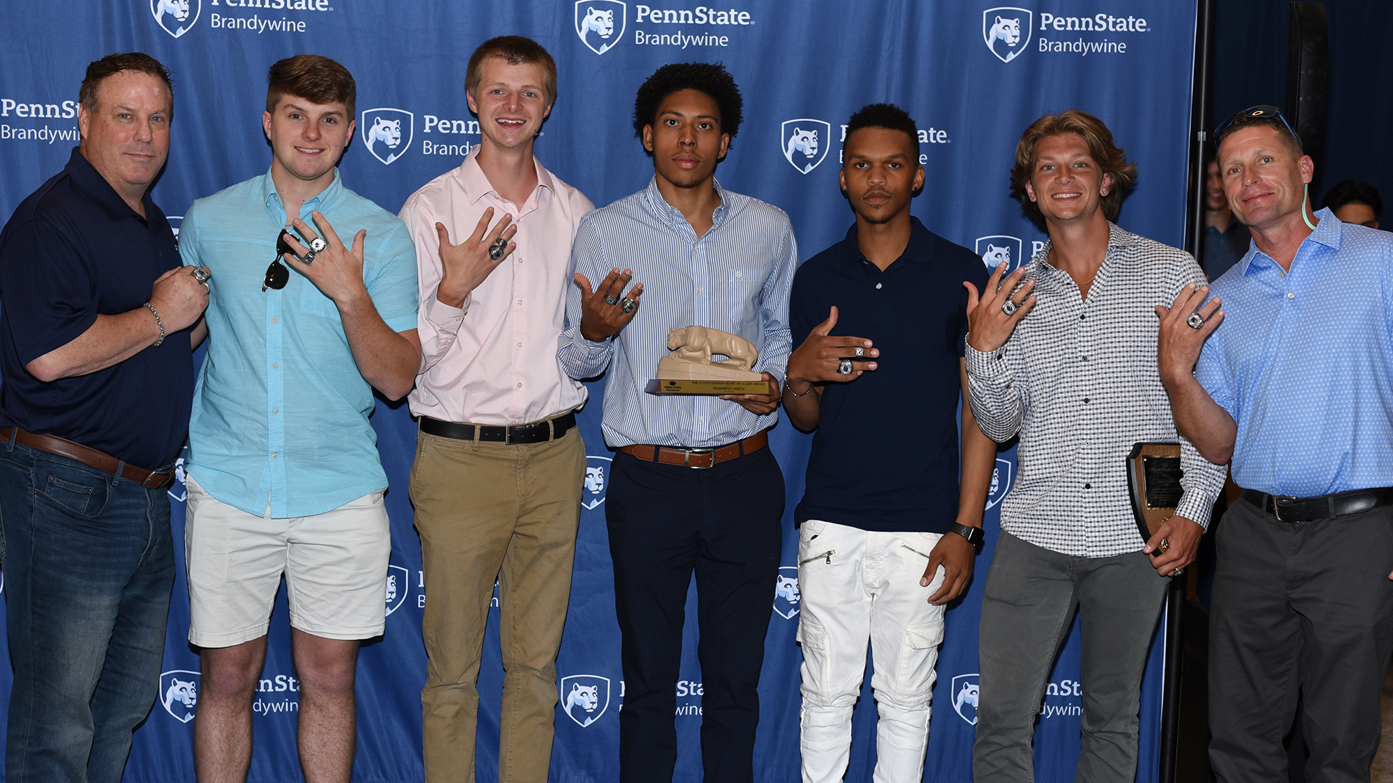 Brandywine men's soccer seniors with coaches Doug McDermott (left) and Tom Greenawalt (right)