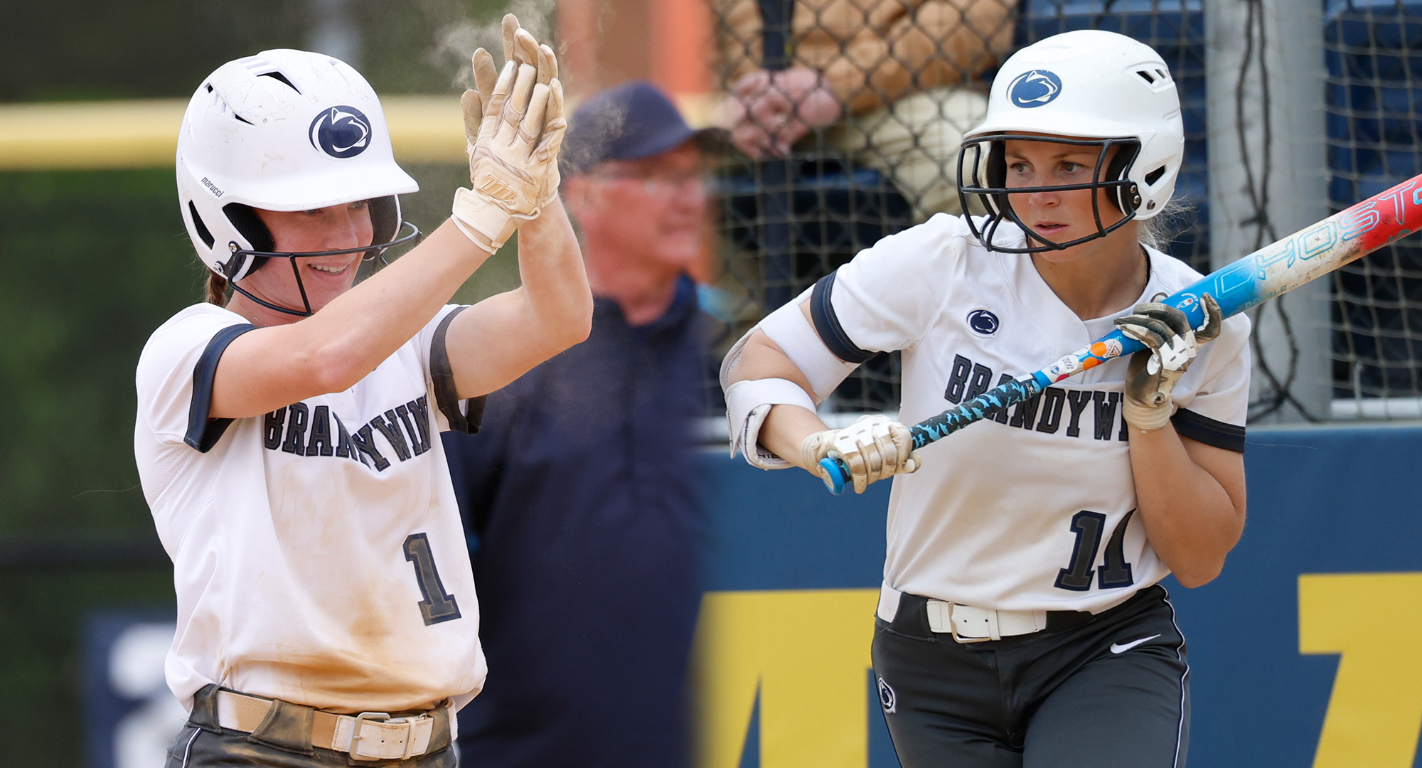 split screen photo of a softball player cheering and a softball batter bunting