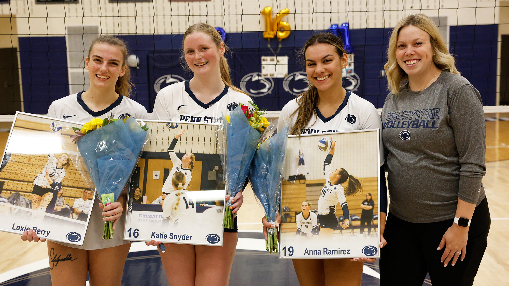 Brandywine seniors Lexie Berry, Katie Snyder and Anna Ramirez with head coach Emily Battista